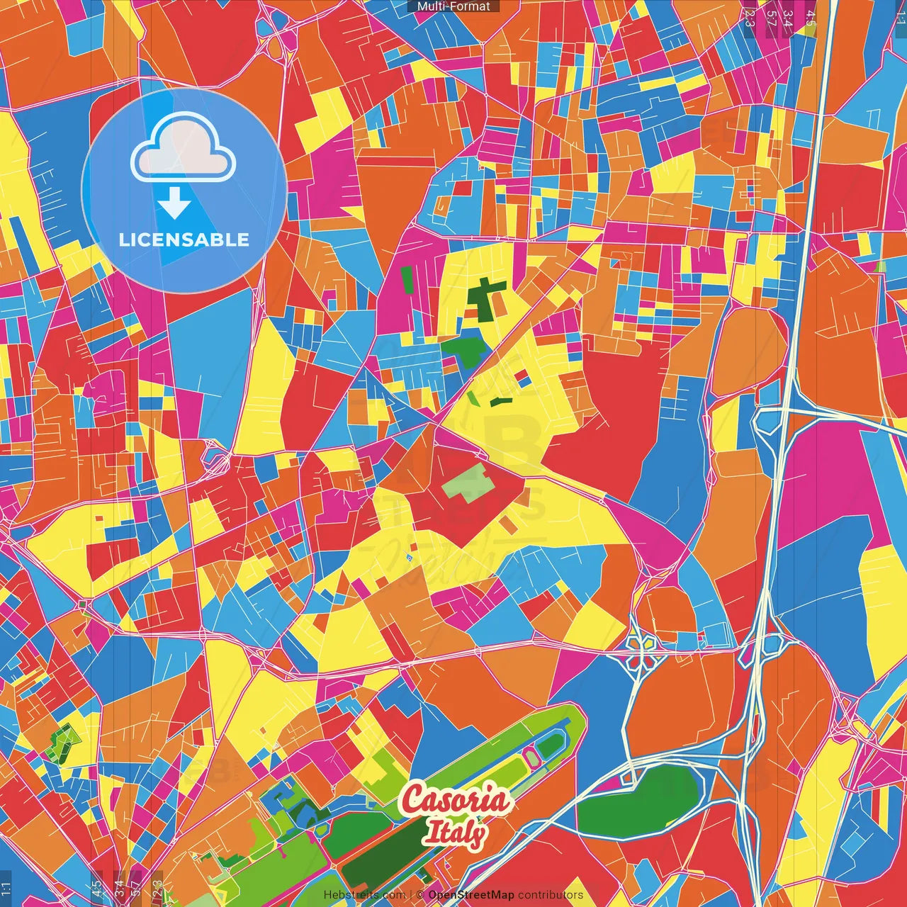 Casoria, Campania, Italy Crazy Colorful Street Map Poster Template