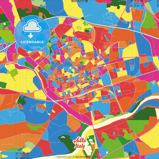 Asti, Piedmont, Italy Crazy Colorful Street Map Poster Template