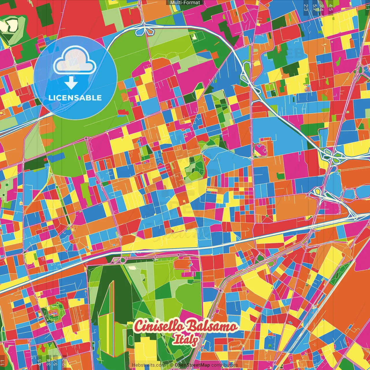 Cinisello Balsamo, Lombardy, Italy Crazy Colorful Street Map Poster Template
