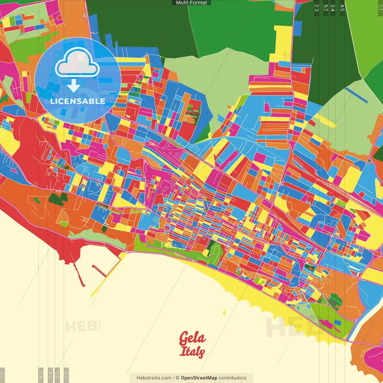 Gela, Sicily, Italy Crazy Colorful Street Map Poster Template