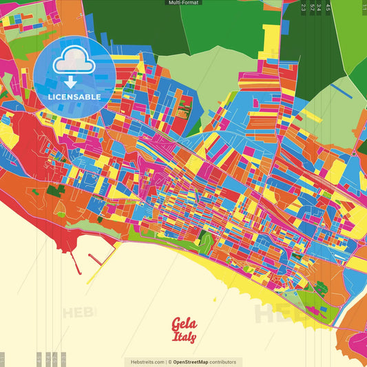 Gela, Sicily, Italy Crazy Colorful Street Map Poster Template