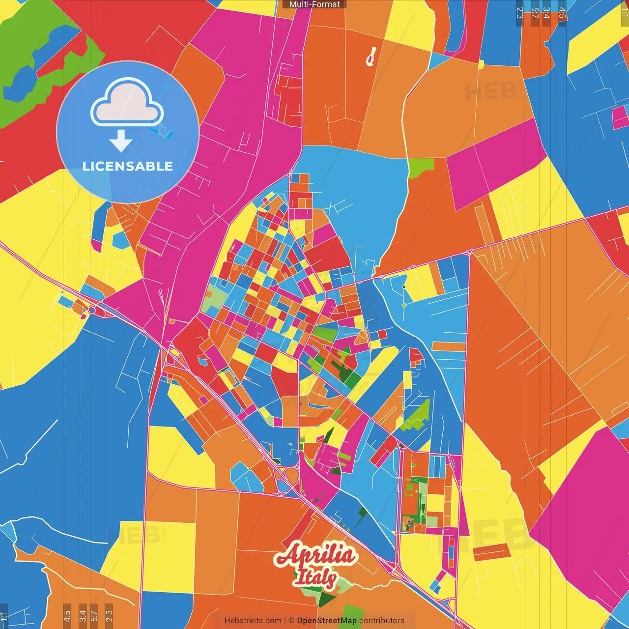 Aprilia, Lazio, Italy Crazy Colorful Street Map Poster Template