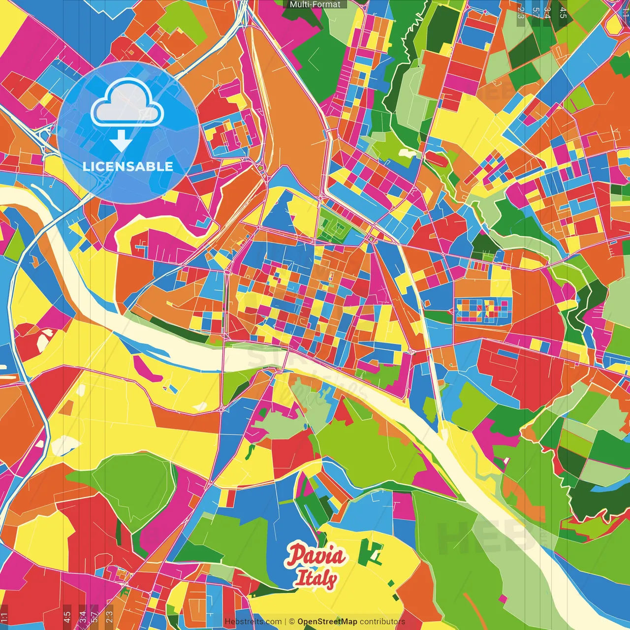 Pavia, Lombardy, Italy Crazy Colorful Street Map Poster Template