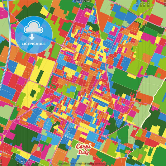 Carpi, Emilia-Romagna, Italy Crazy Colorful Street Map Poster Template