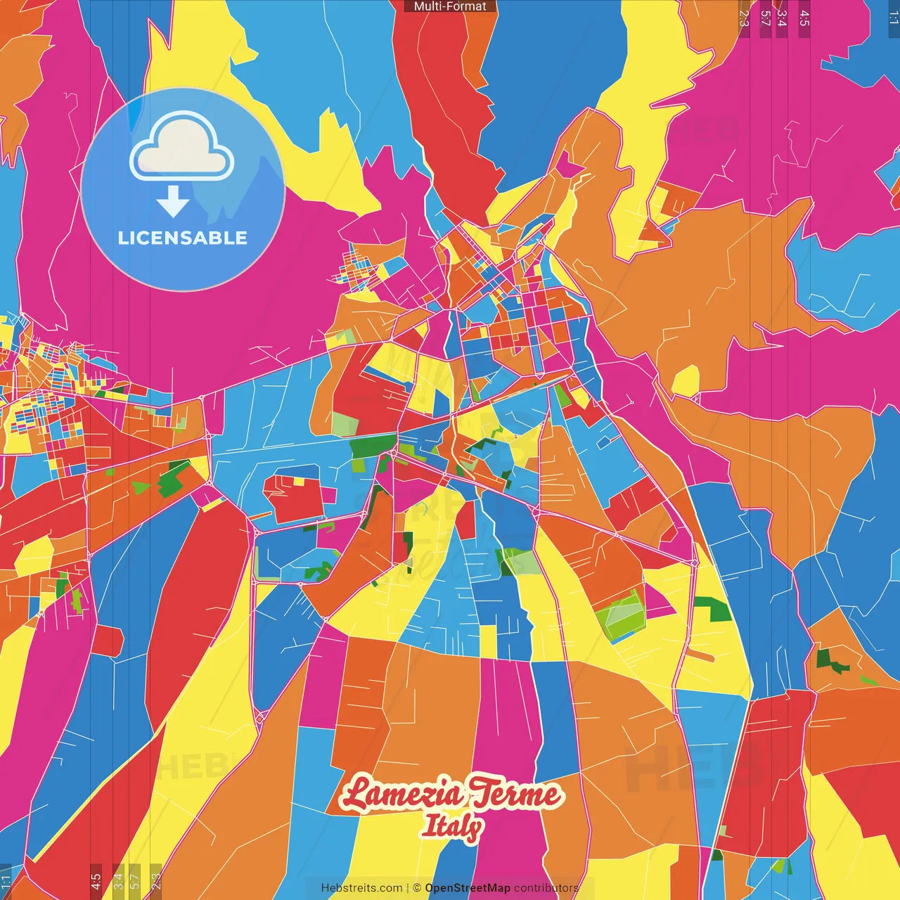 Lamezia Terme, Calabria, Italy Crazy Colorful Street Map Poster Template