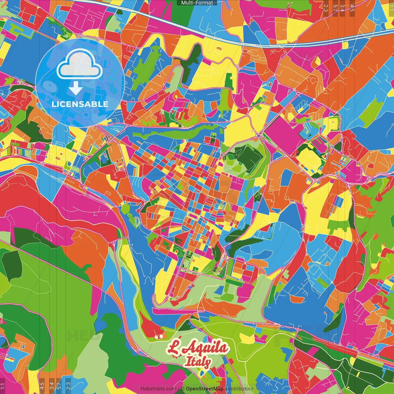 L Aquila, Abruzzo, Italy Crazy Colorful Street Map Poster Template