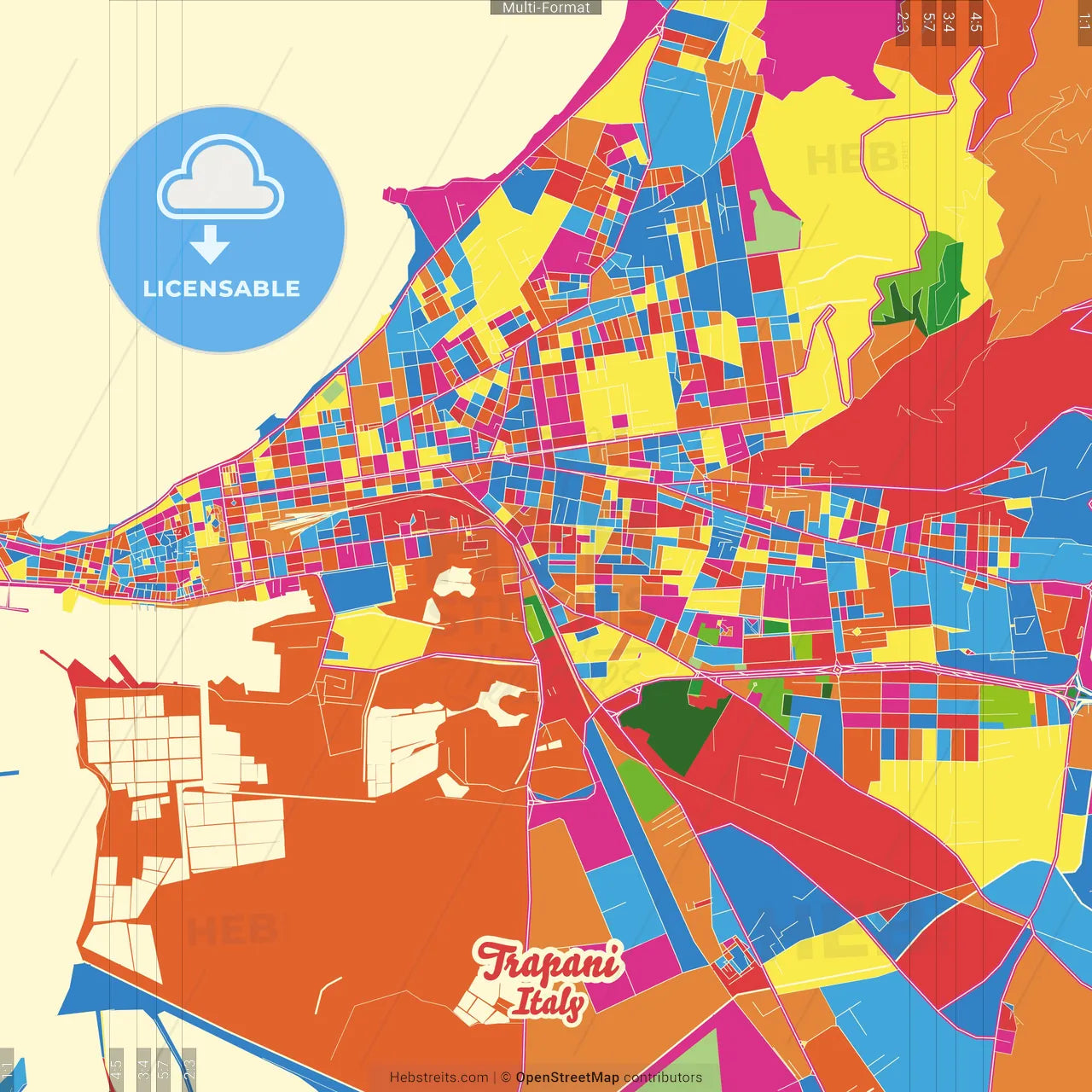 Trapani, Sicily, Italy Crazy Colorful Street Map Poster Template