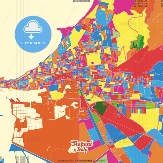 Trapani, Sicily, Italy Crazy Colorful Street Map Poster Template