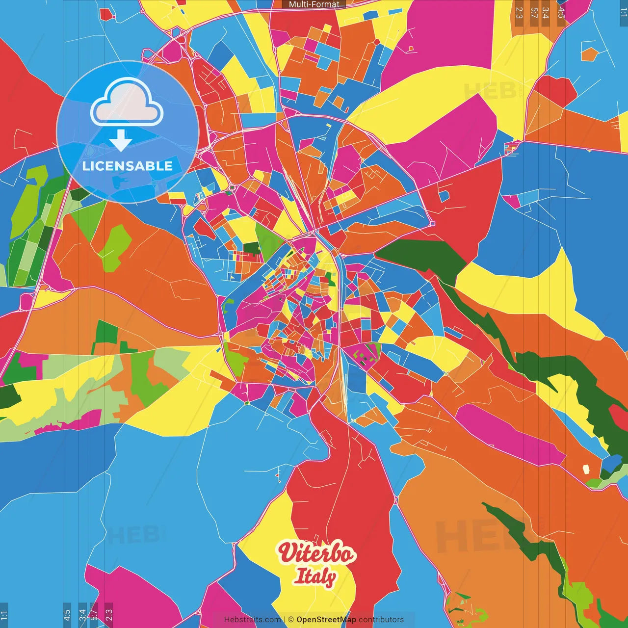 Viterbo, Lazio, Italy Crazy Colorful Street Map Poster Template