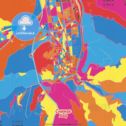 Cosenza, Calabria, Italy Crazy Colorful Street Map Poster Template