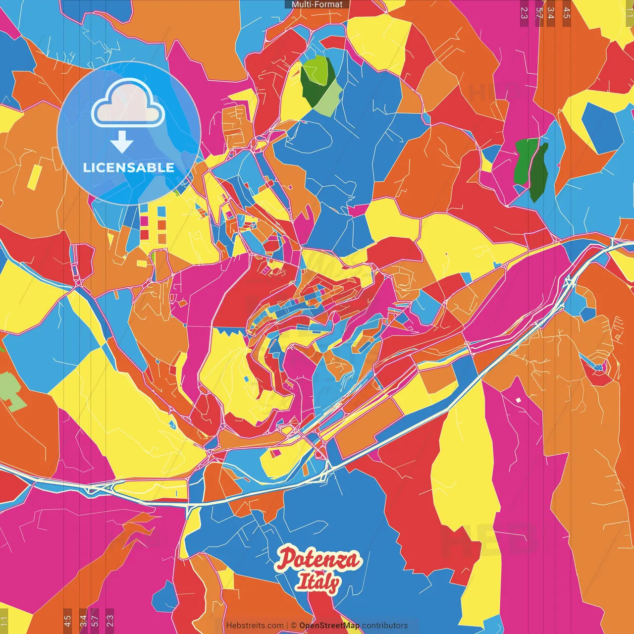 Potenza, Basilicata, Italy Crazy Colorful Street Map Poster Template