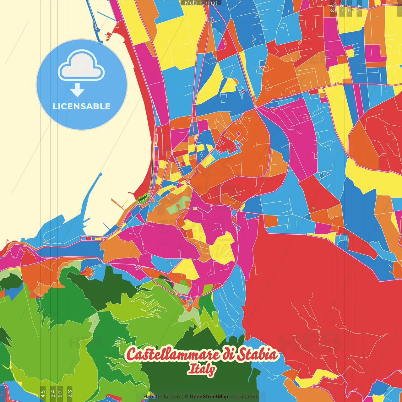 Castellammare di Stabia, Campania, Italy Crazy Colorful Street Map Poster Template