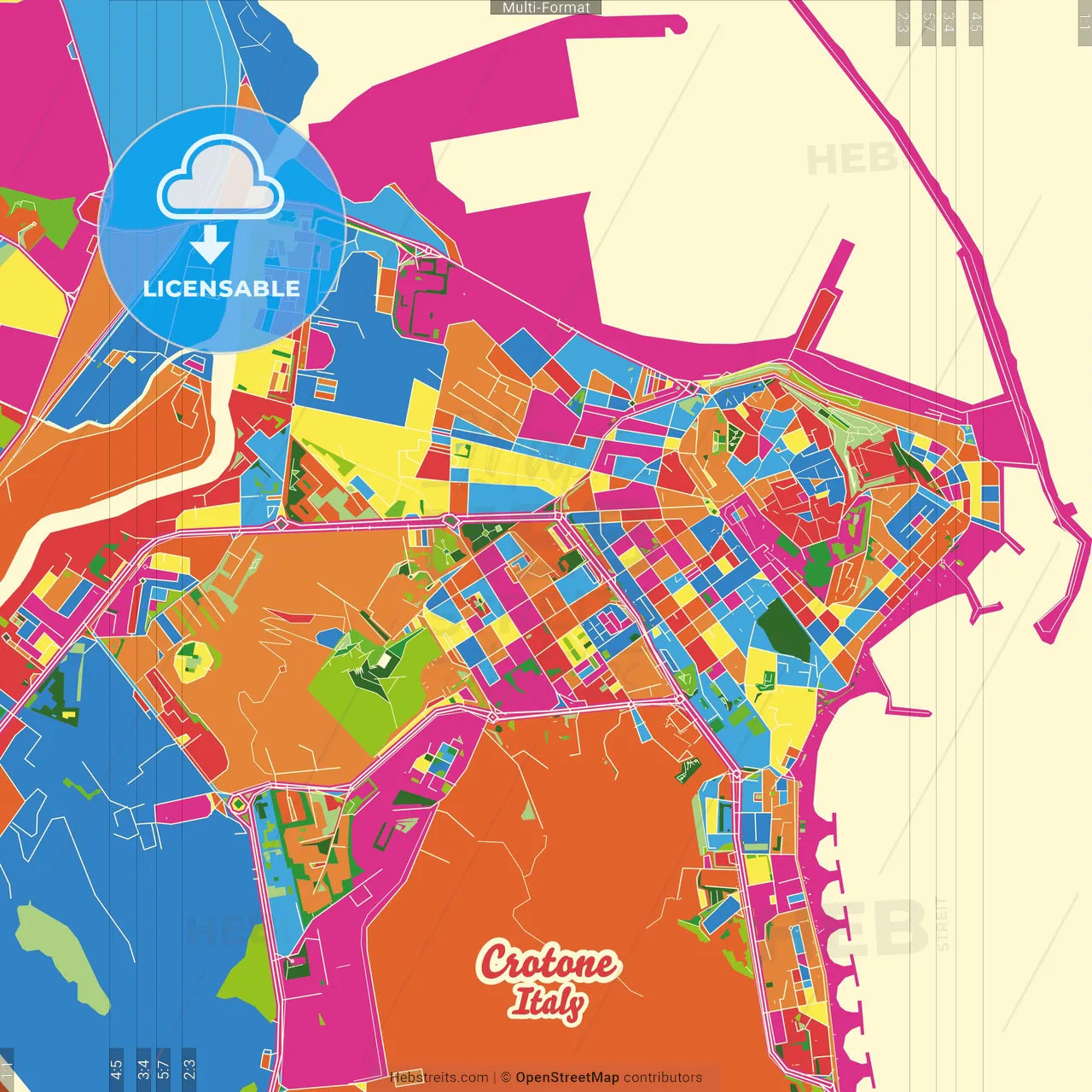 Crotone, Calabria, Italy Crazy Colorful Street Map Poster Template