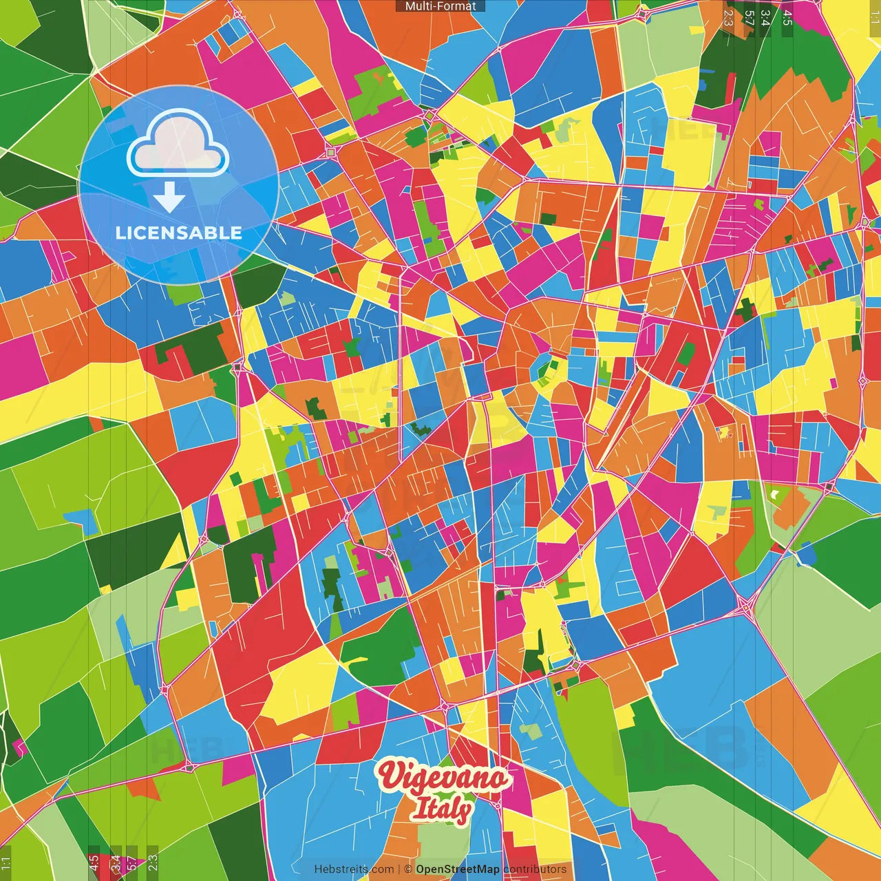 Vigevano, Lombardy, Italy Crazy Colorful Street Map Poster Template