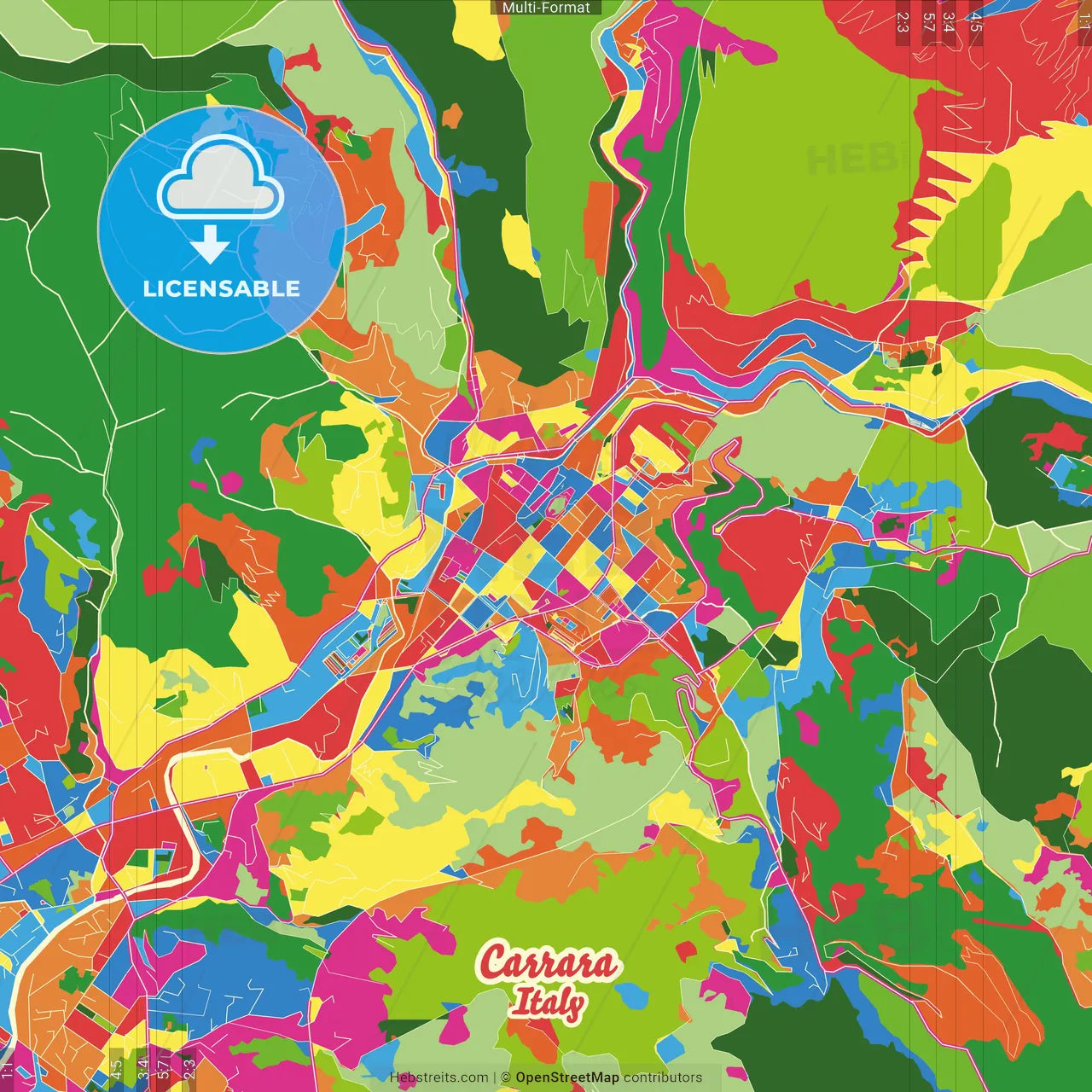 Carrara, Tuscany, Italy Crazy Colorful Street Map Poster Template