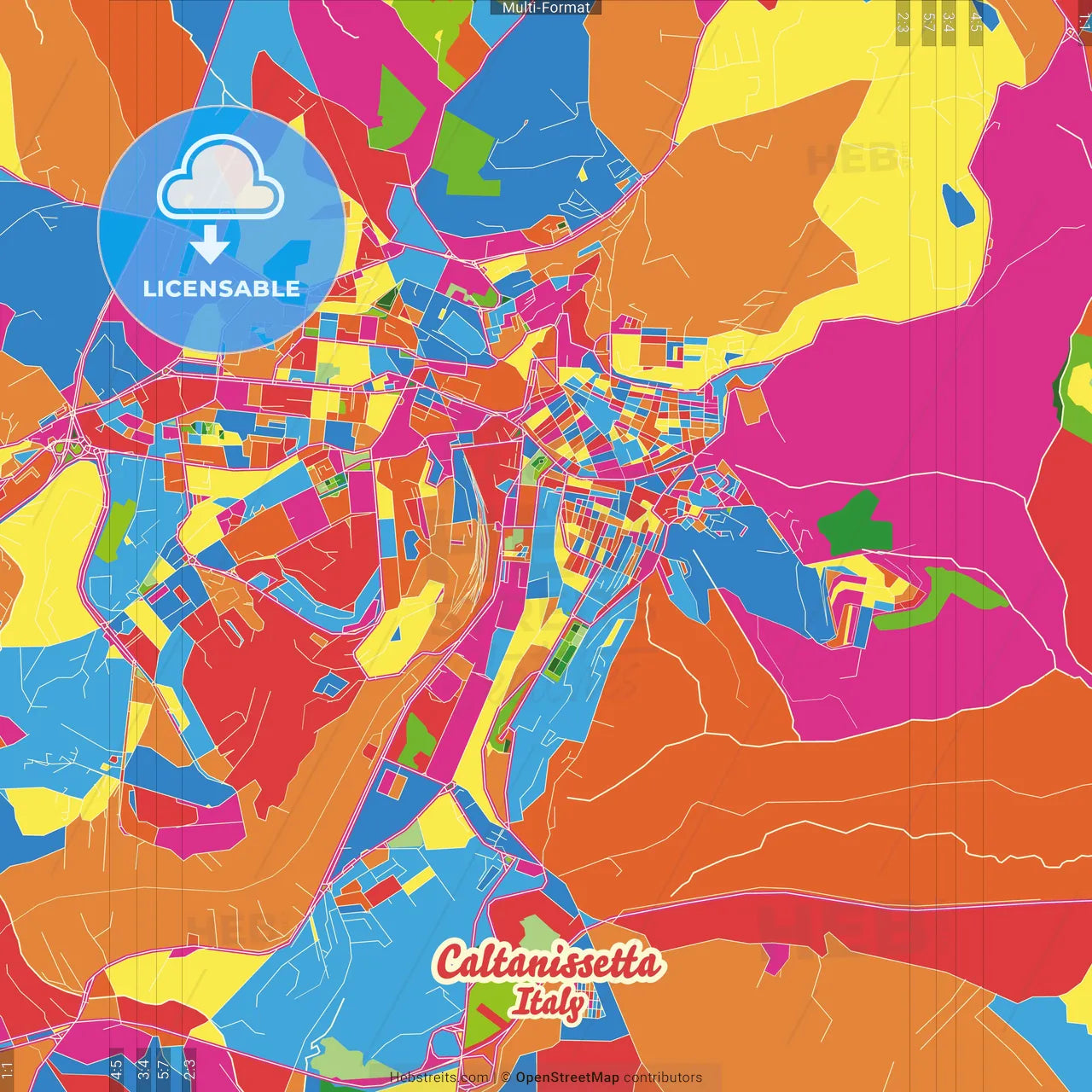 Caltanissetta, Sicily, Italy Crazy Colorful Street Map Poster Template