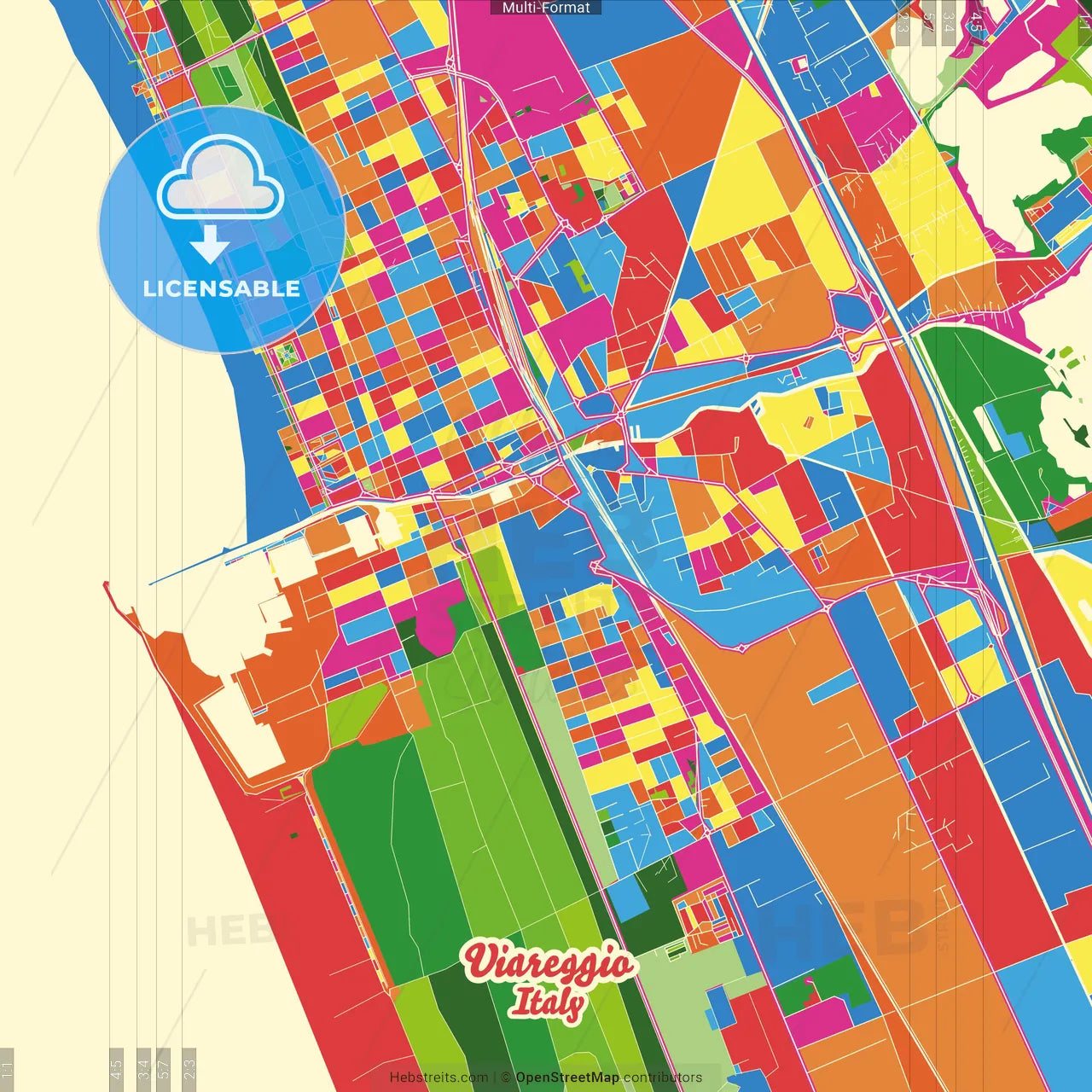 Viareggio, Tuscany, Italy Crazy Colorful Street Map Poster Template