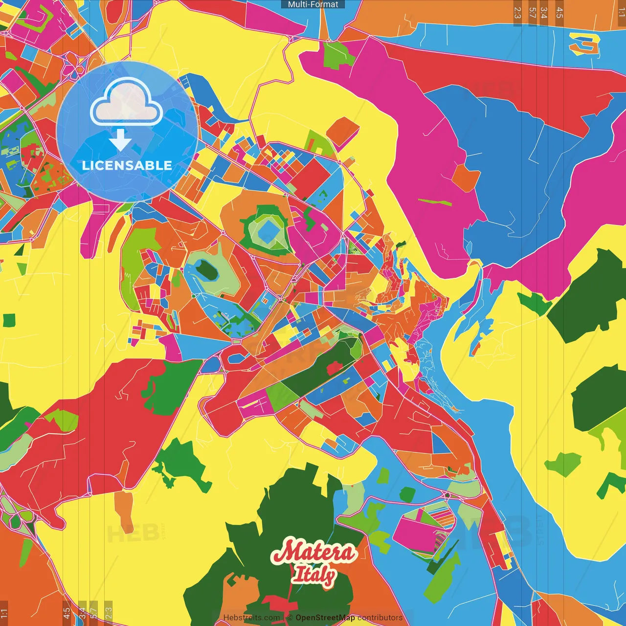 Matera, Basilicata, Italy Crazy Colorful Street Map Poster Template