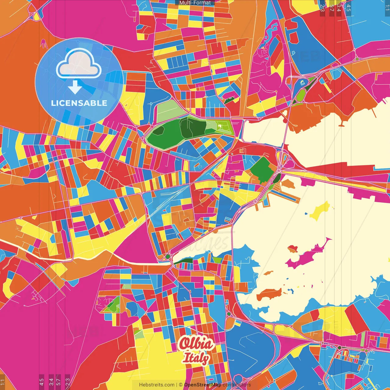 Olbia, Sardinia, Italy Crazy Colorful Street Map Poster Template