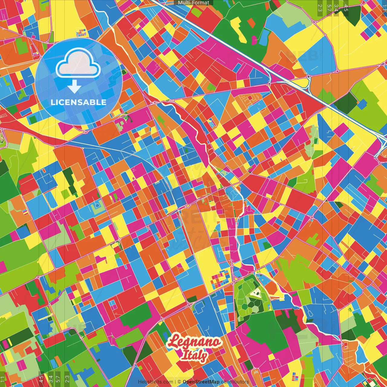 Legnano, Lombardy, Italy Crazy Colorful Street Map Poster Template