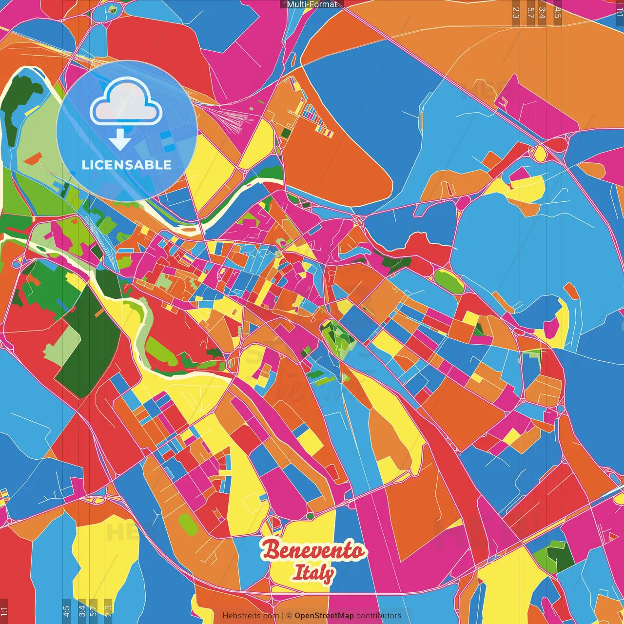 Benevento, Campania, Italy Crazy Colorful Street Map Poster Template