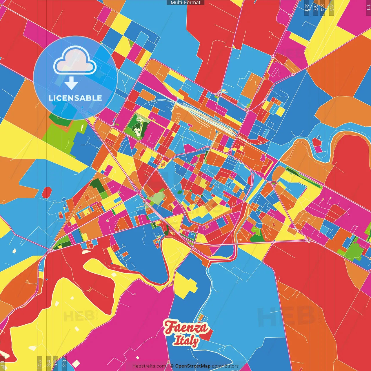 Faenza, Emilia-Romagna, Italy Crazy Colorful Street Map Poster Template