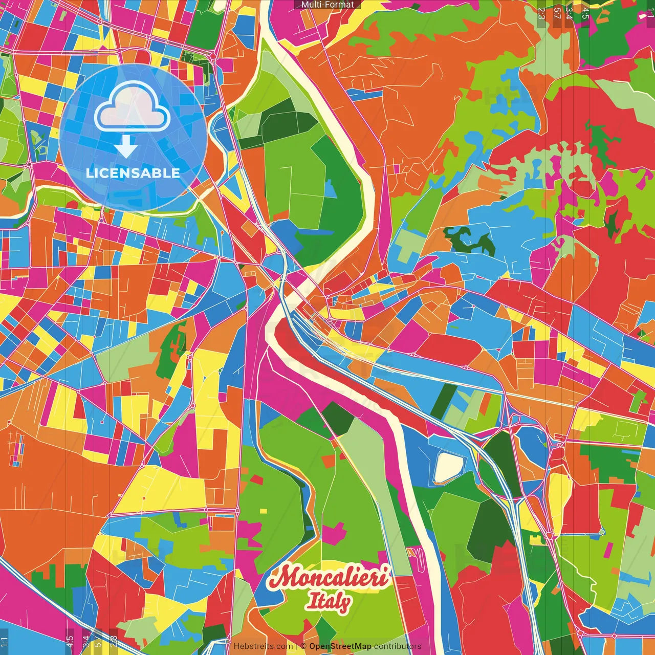 Moncalieri, Piedmont, Italy Crazy Colorful Street Map Poster Template