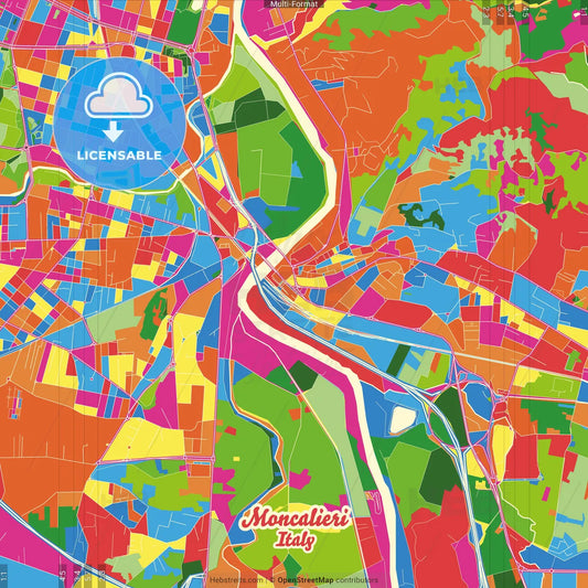 Moncalieri, Piedmont, Italy Crazy Colorful Street Map Poster Template