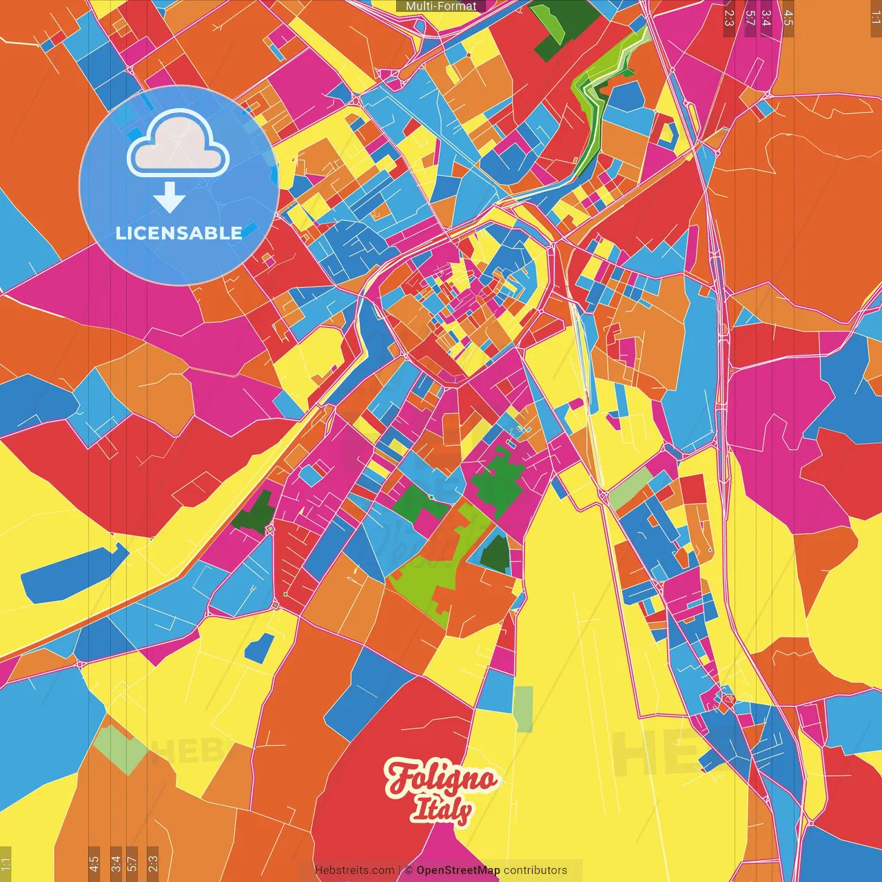 Foligno, Umbria, Italy Crazy Colorful Street Map Poster Template
