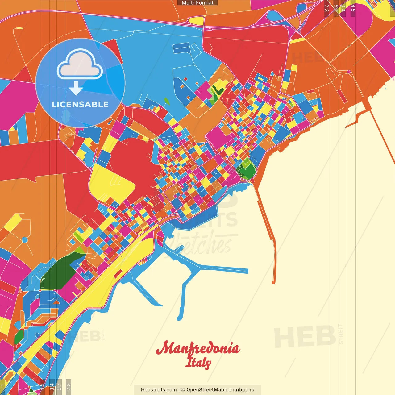 Manfredonia, Apulia, Italy Crazy Colorful Street Map Poster Template