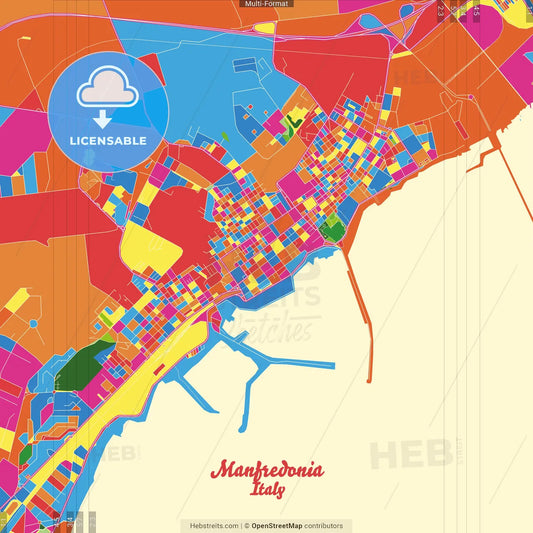 Manfredonia, Apulia, Italy Crazy Colorful Street Map Poster Template
