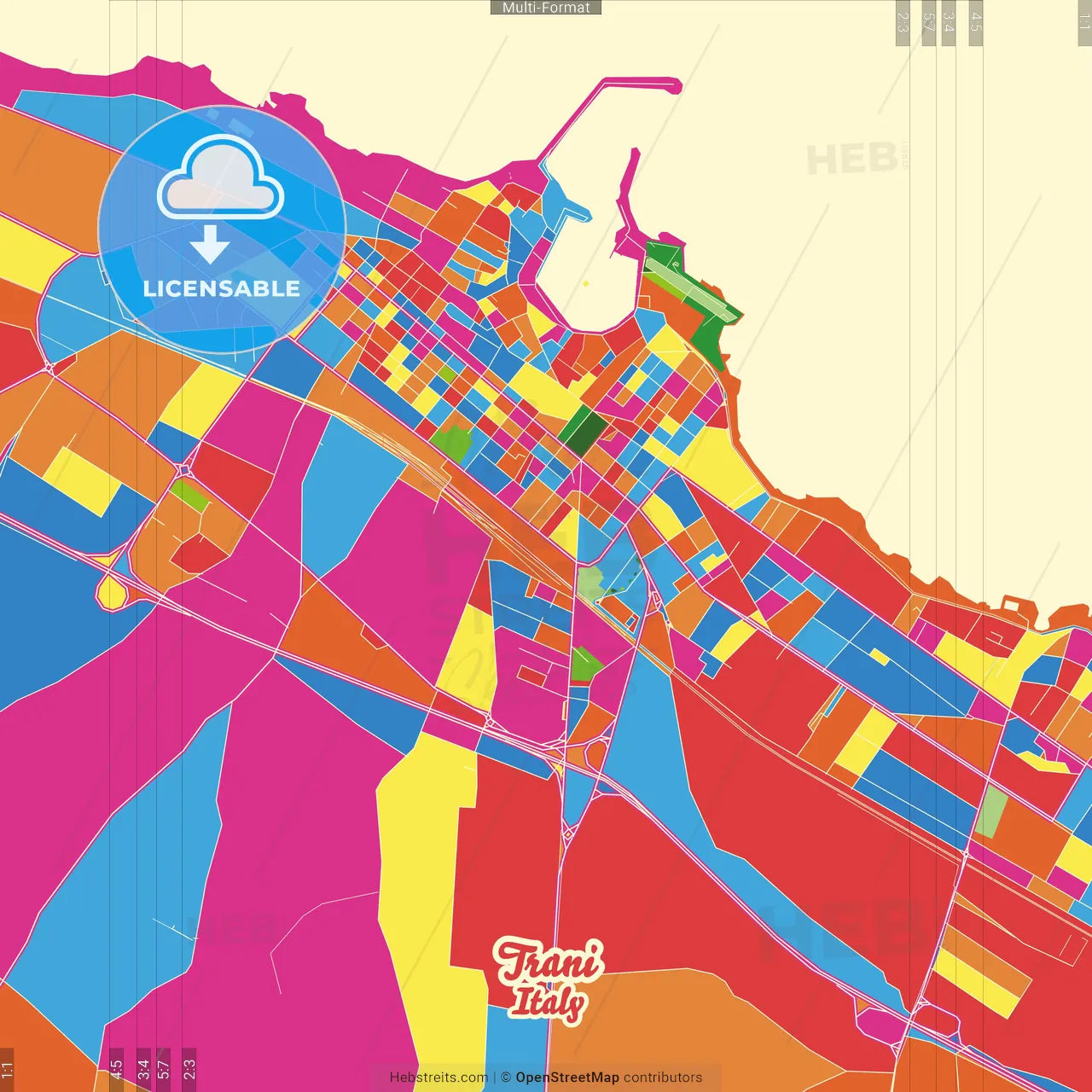 Trani, Apulia, Italy Crazy Colorful Street Map Poster Template