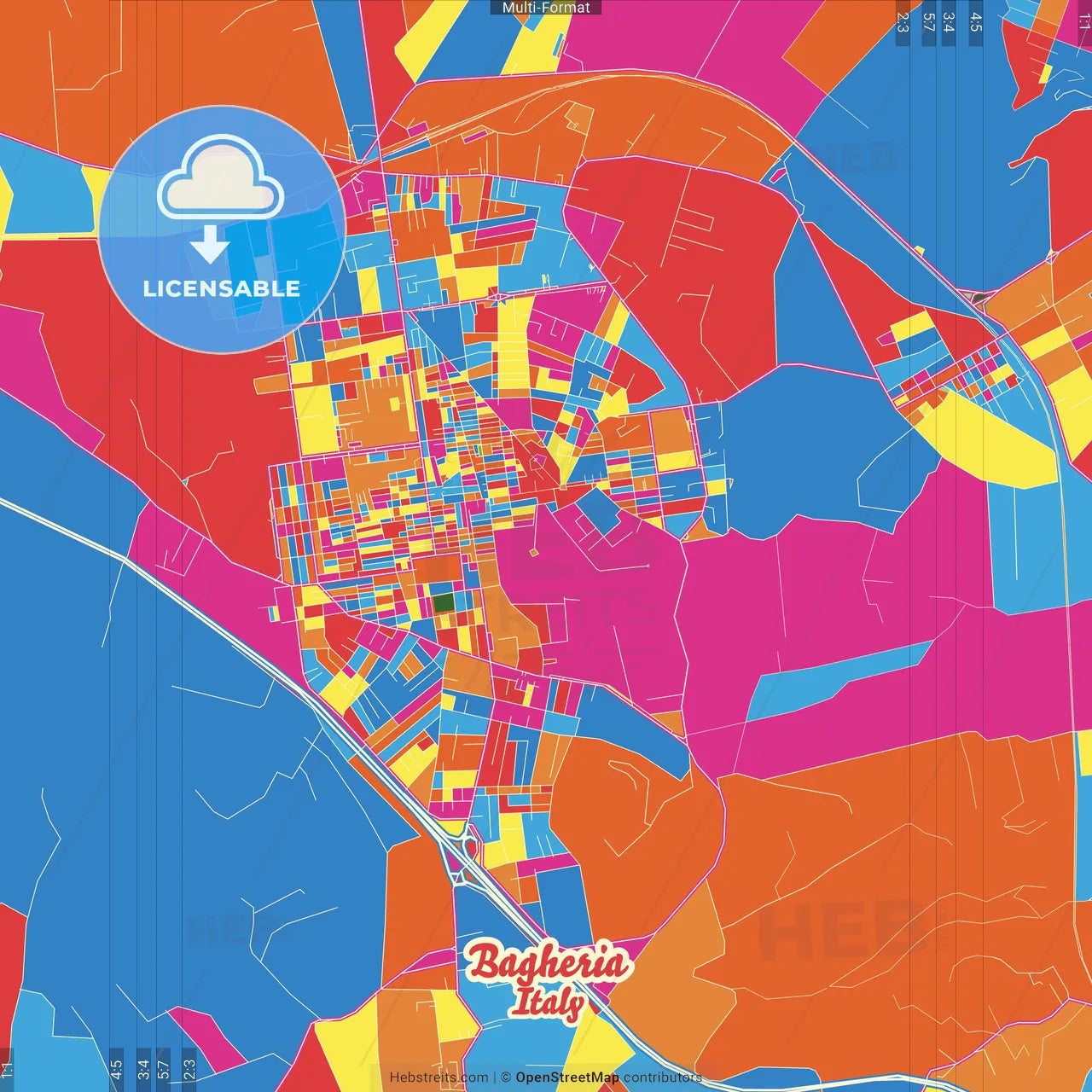 Bagheria, Sicily, Italy Crazy Colorful Street Map Poster Template