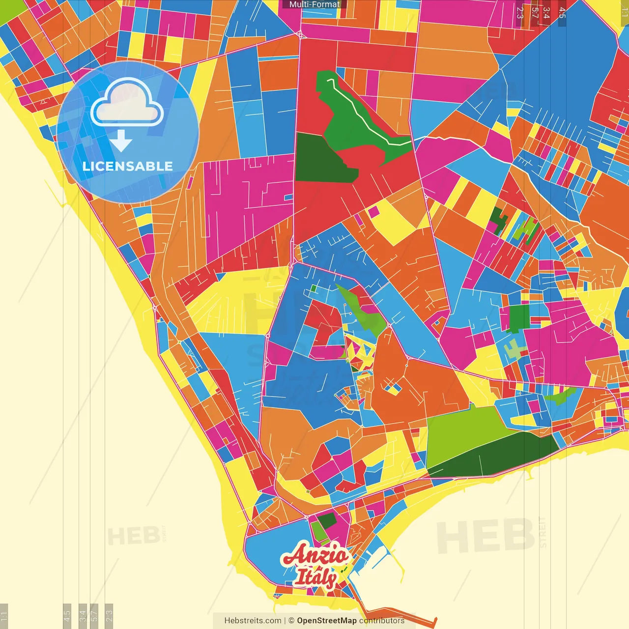 Anzio, Lazio, Italy Crazy Colorful Street Map Poster Template