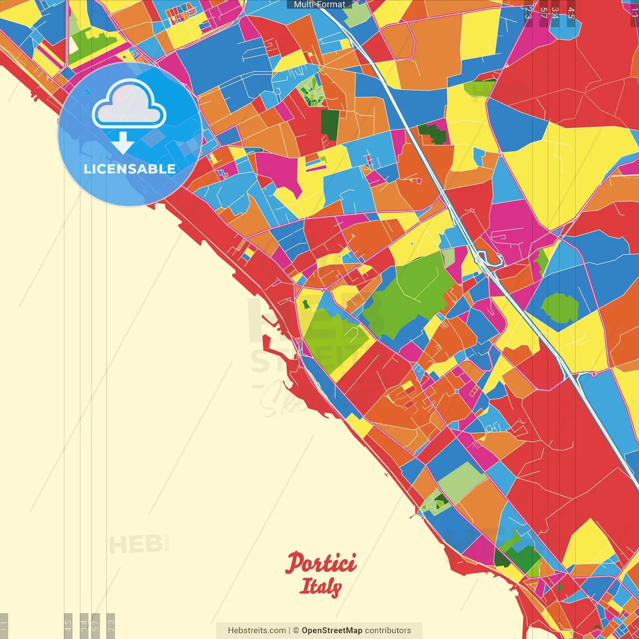 Portici, Campania, Italy Crazy Colorful Street Map Poster Template