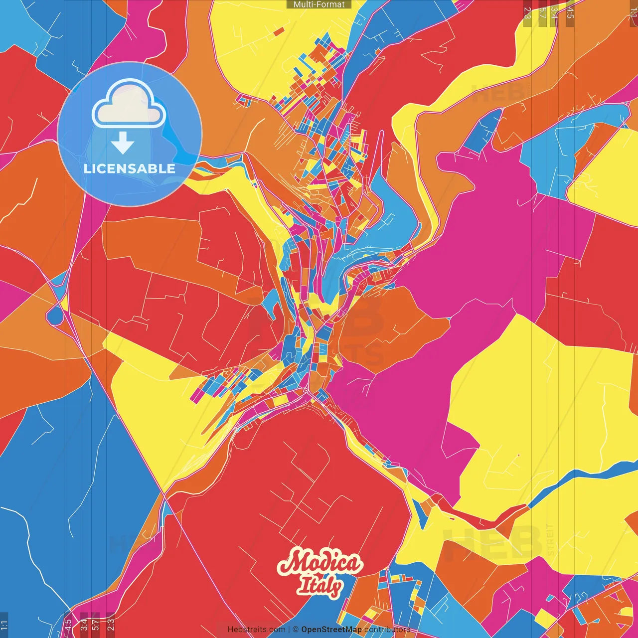 Modica, Sicily, Italy Crazy Colorful Street Map Poster Template