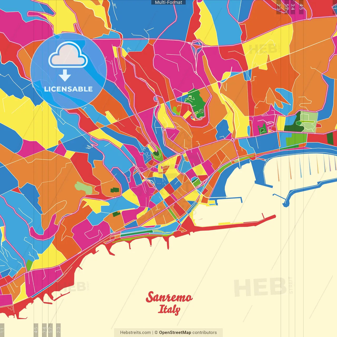 Sanremo, Liguria, Italy Crazy Colorful Street Map Poster Template