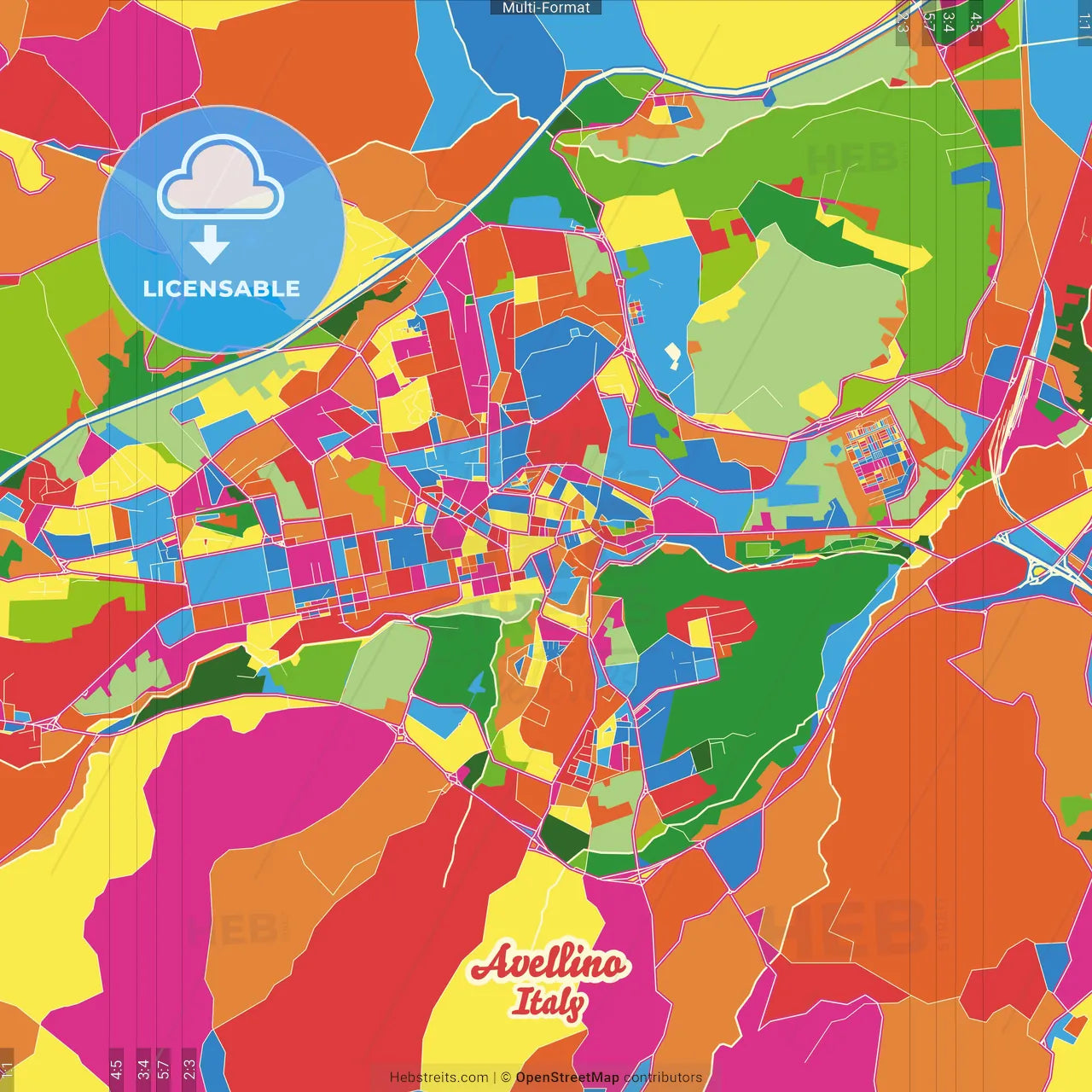 Avellino, Campania, Italy Crazy Colorful Street Map Poster Template