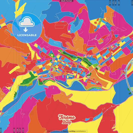 Teramo, Abruzzo, Italy Crazy Colorful Street Map Poster Template