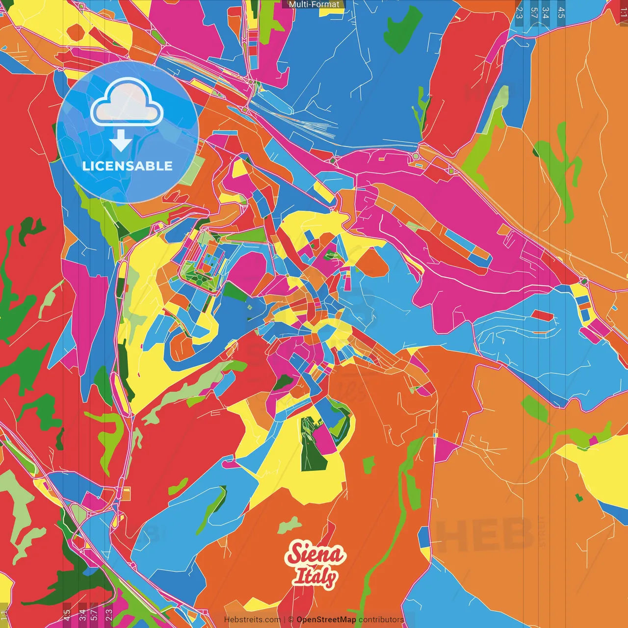 Siena, Tuscany, Italy Crazy Colorful Street Map Poster Template