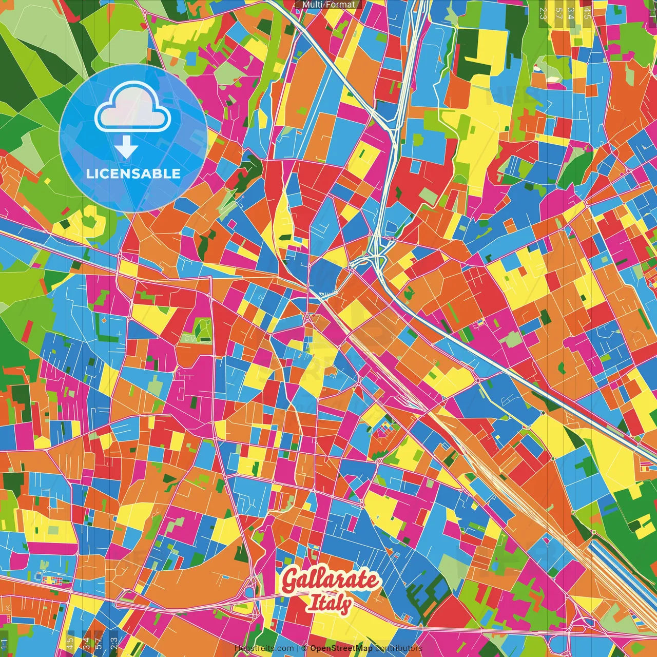 Gallarate, Lombardy, Italy Crazy Colorful Street Map Poster Template