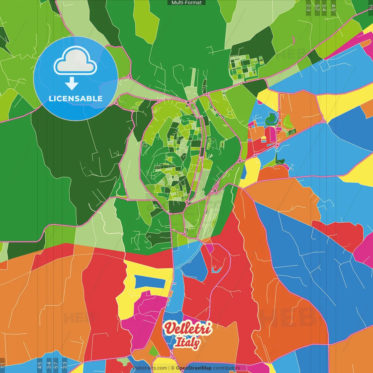 Velletri, Lazio, Italy Crazy Colorful Street Map Poster Template