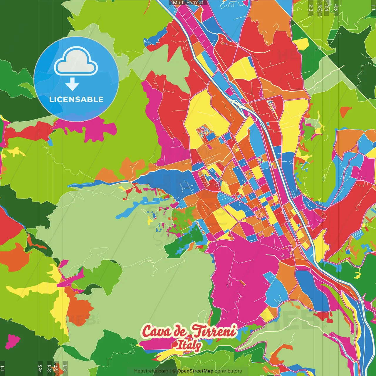 Cava de Tirreni, Campania, Italy Crazy Colorful Street Map Poster Template