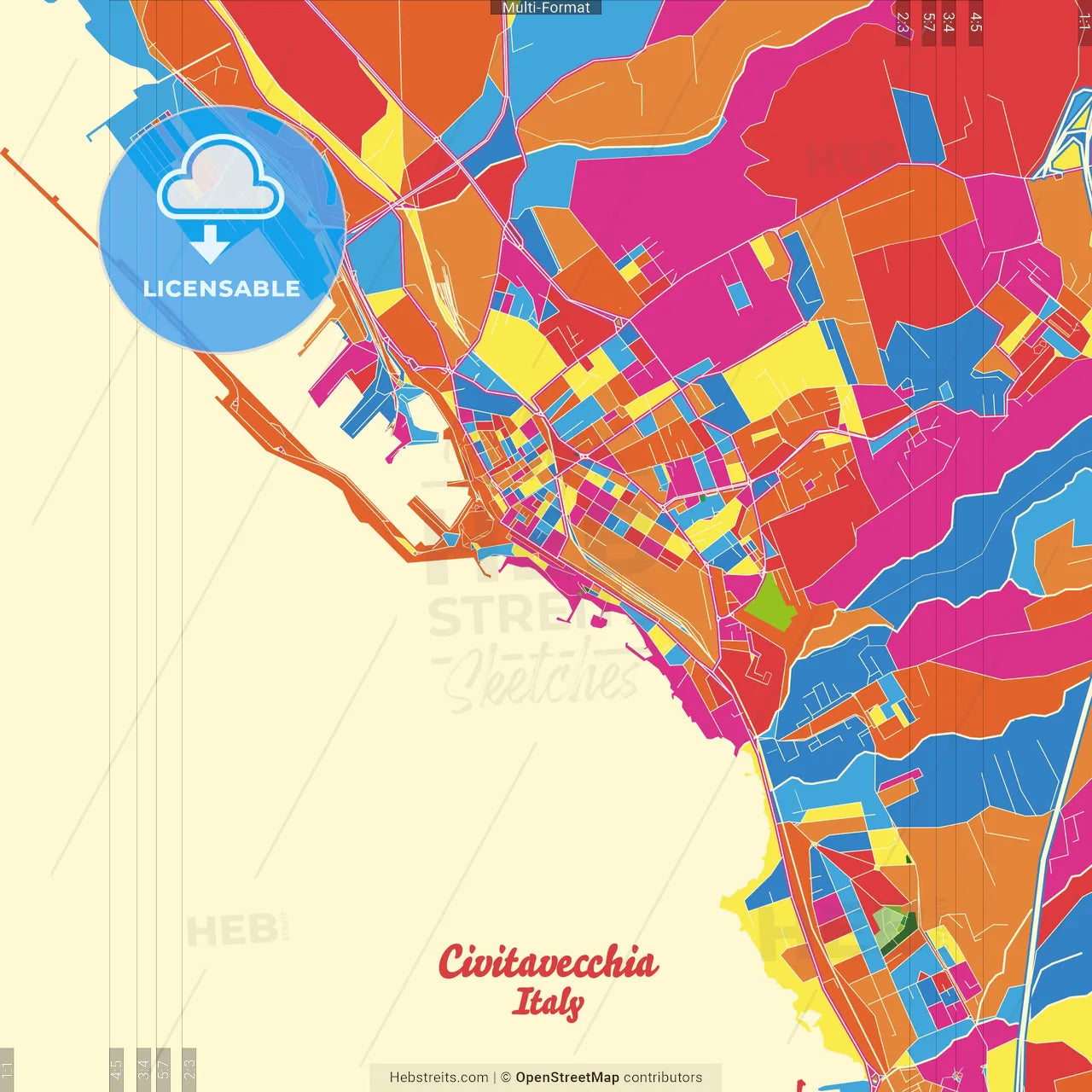 Civitavecchia, Lazio, Italy Crazy Colorful Street Map Poster Template