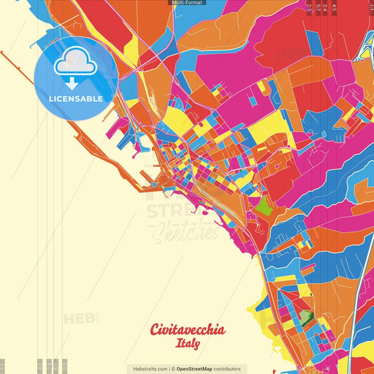 Civitavecchia, Lazio, Italy Crazy Colorful Street Map Poster Template