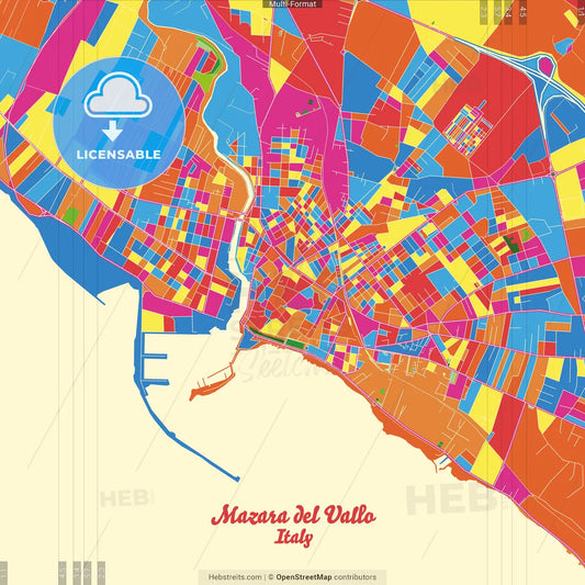 Mazara del Vallo, Sicily, Italy Crazy Colorful Street Map Poster Template