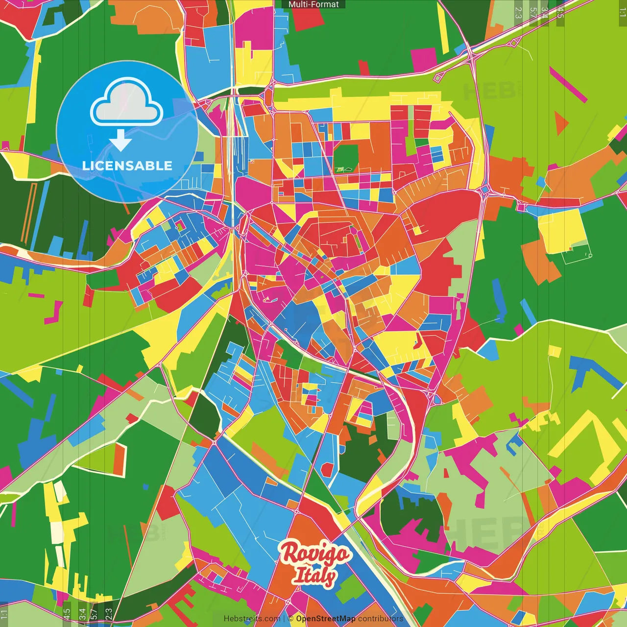 Rovigo, Veneto, Italy Crazy Colorful Street Map Poster Template