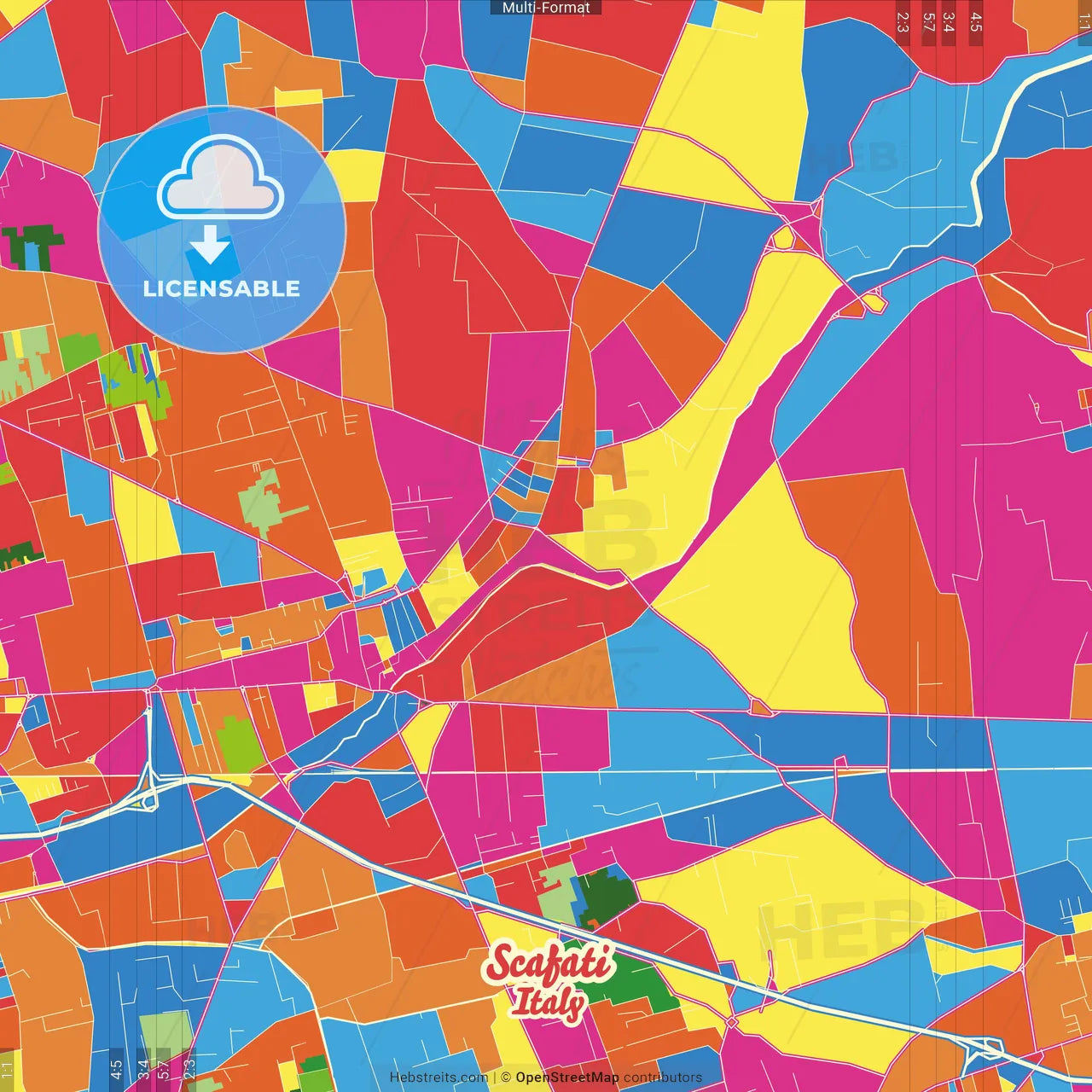 Scafati, Campania, Italy Crazy Colorful Street Map Poster Template