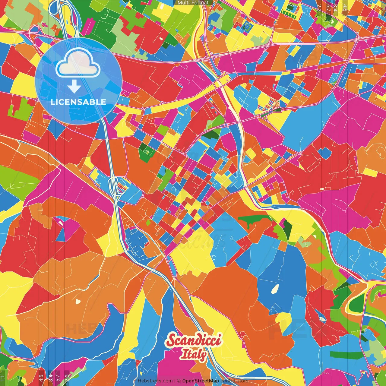 Scandicci, Tuscany, Italy Crazy Colorful Street Map Poster Template