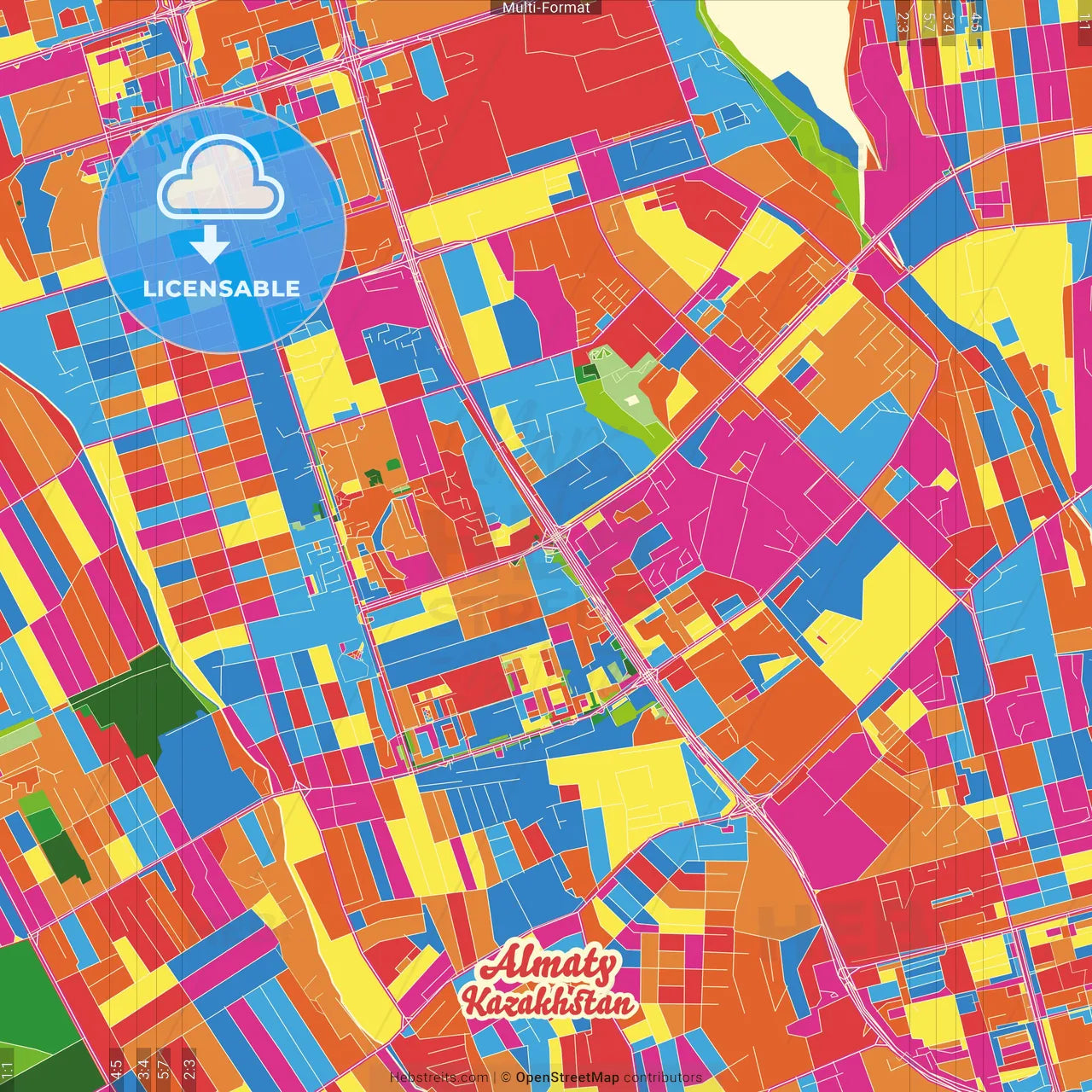 Almaty, Capital 1929 - 1997, Kazakhstan Crazy Colorful Street Map Poster Template